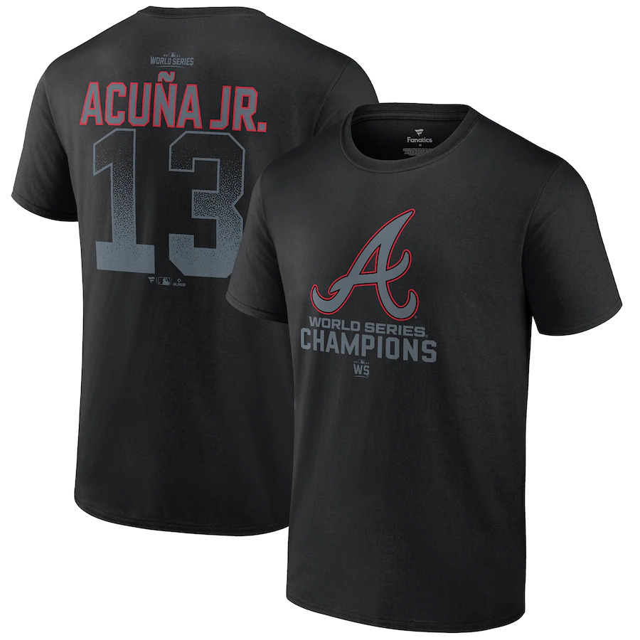 Men's Atlanta Braves #13 Ronald Acuña Jr. Black Black 2021 World Series Champions Name & Number T-Shirt